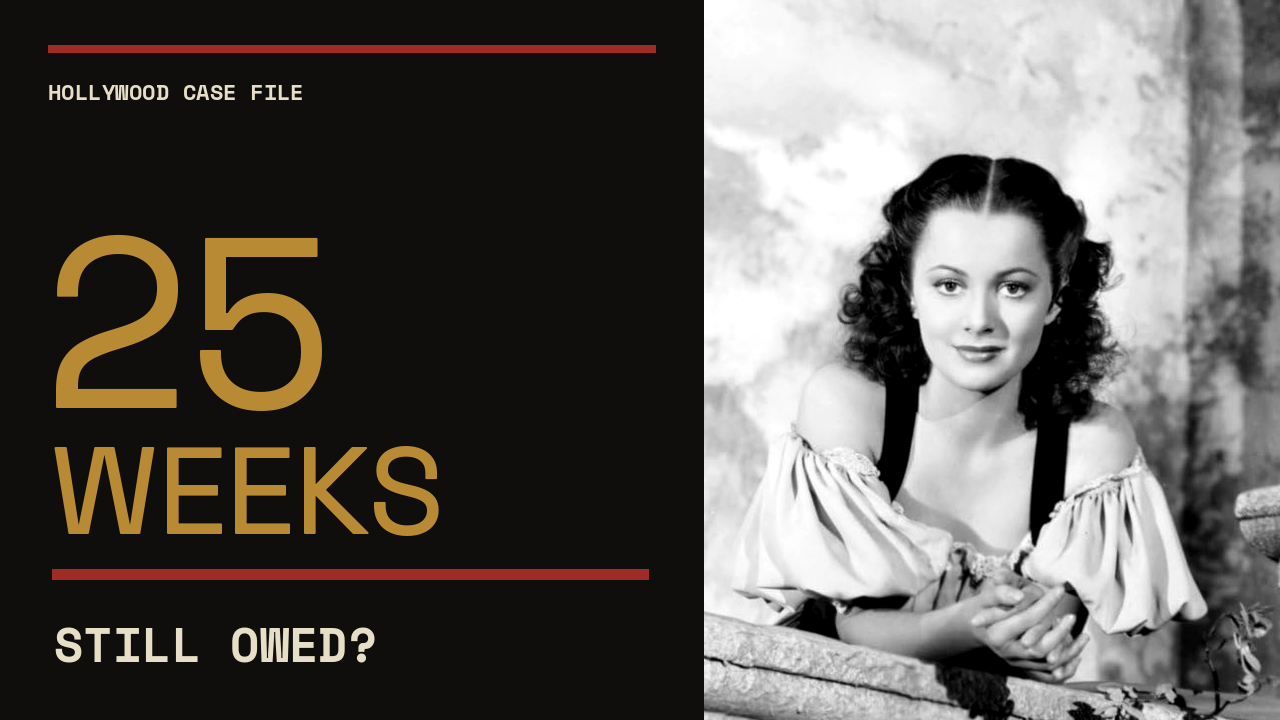 Thumbnail split between an editorial text panel and a black-and-white portrait of Olivia de Havilland. Text reads Hollywood Case File, 25 Weeks, Still Owed?